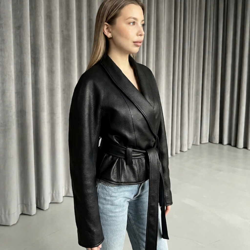 The Kensington Belted Faux Leather Jacket In Brown & Black