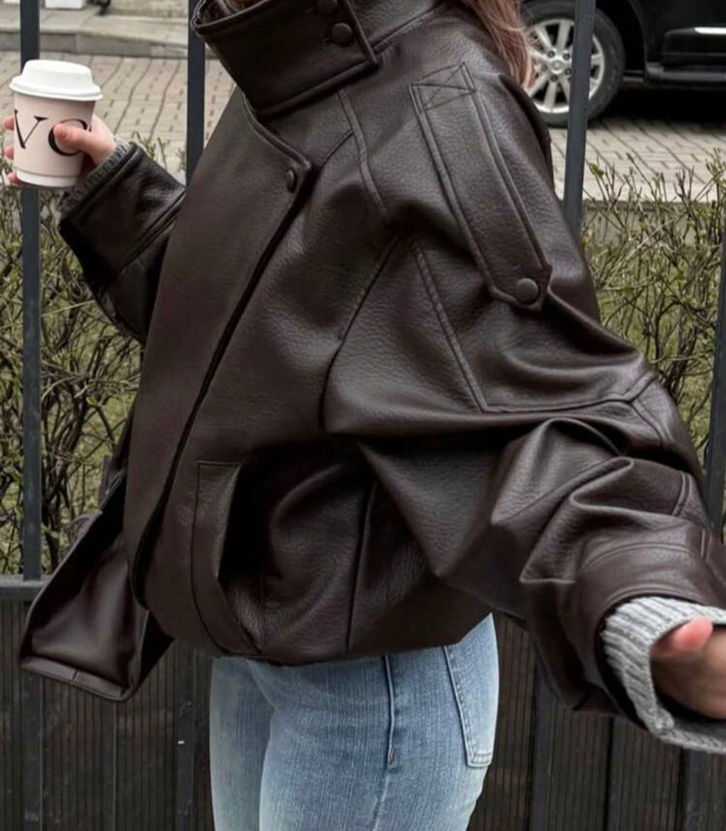 Monaco Oversized Brown Pu Leather Jacket