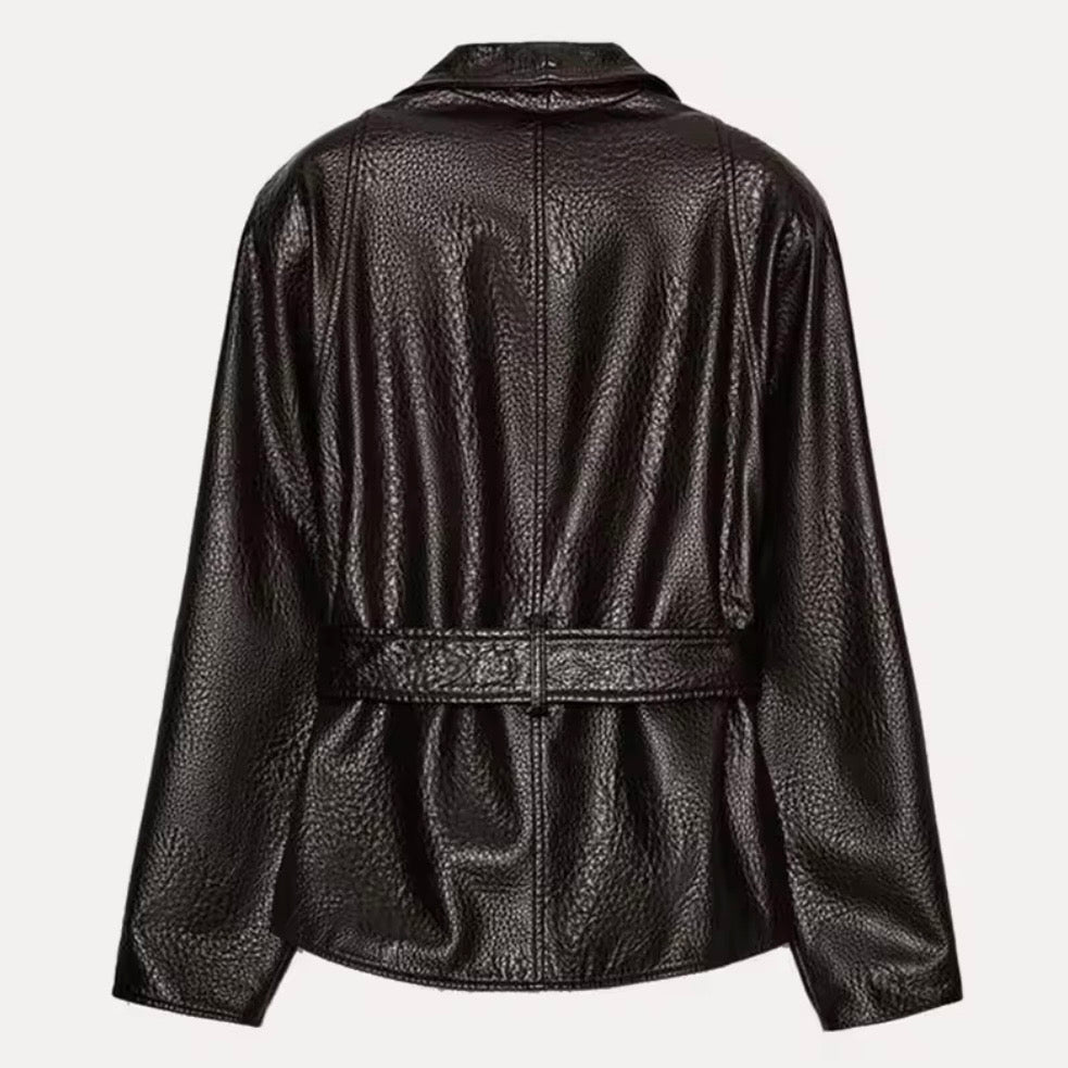 The Kensington Belted Faux Leather Jacket In Brown & Black