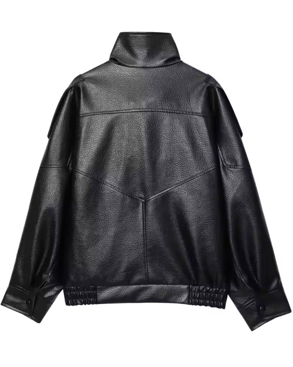 Black leather jacket on a white background