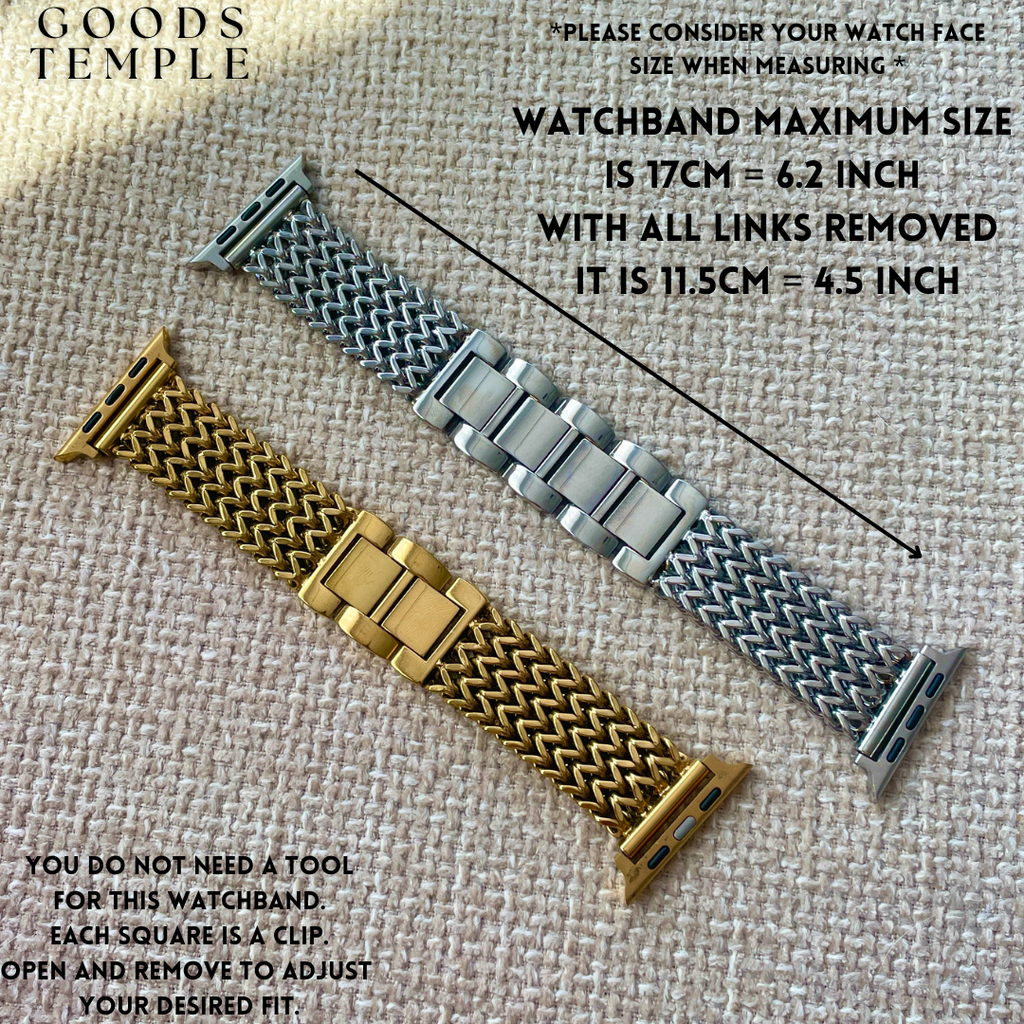 Two watchbands, one gold and one silver, on a textured fabric background with measurement text.