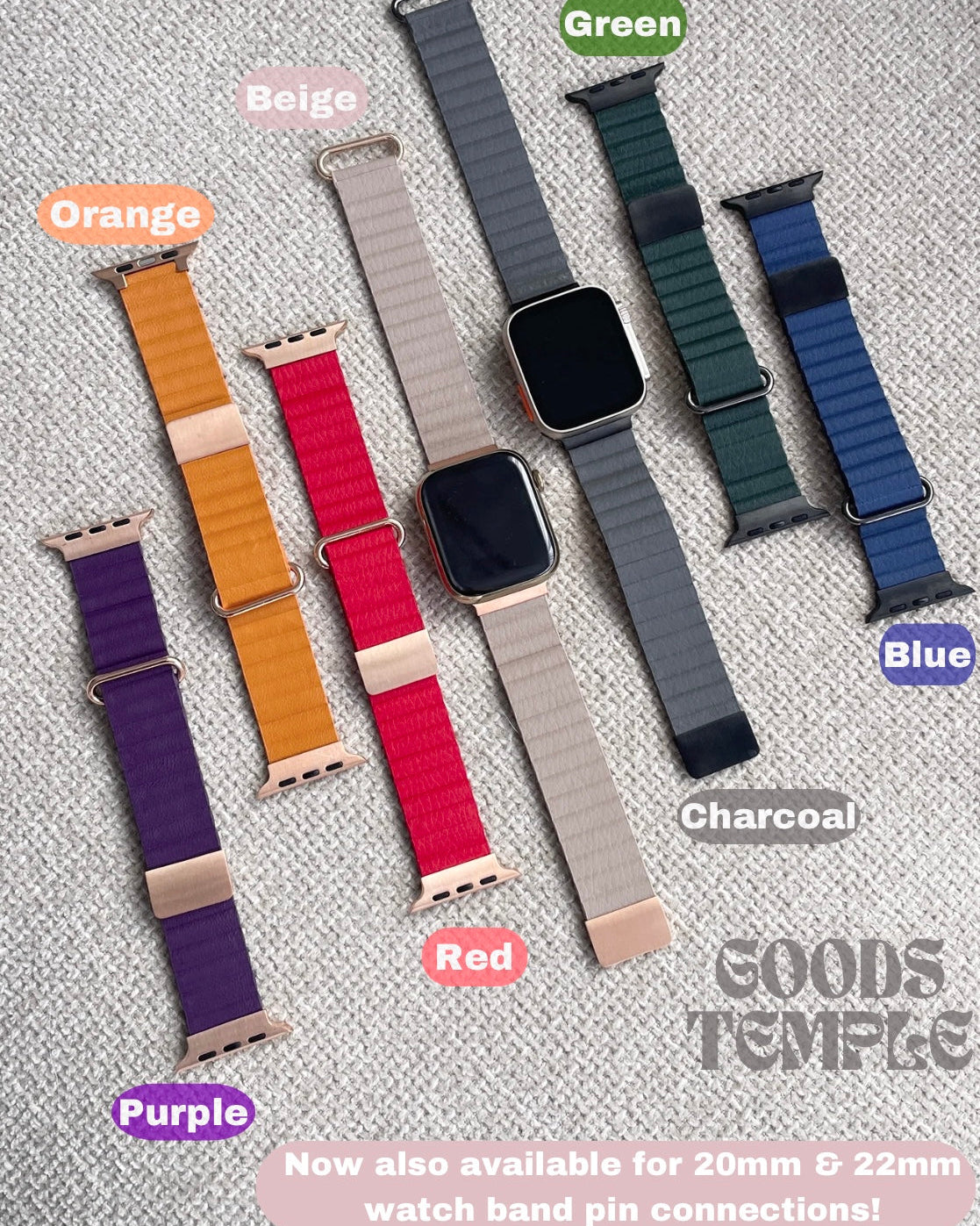 Collection of various watch bands in different colors on a gray background, with 'Goods Temple' branding.