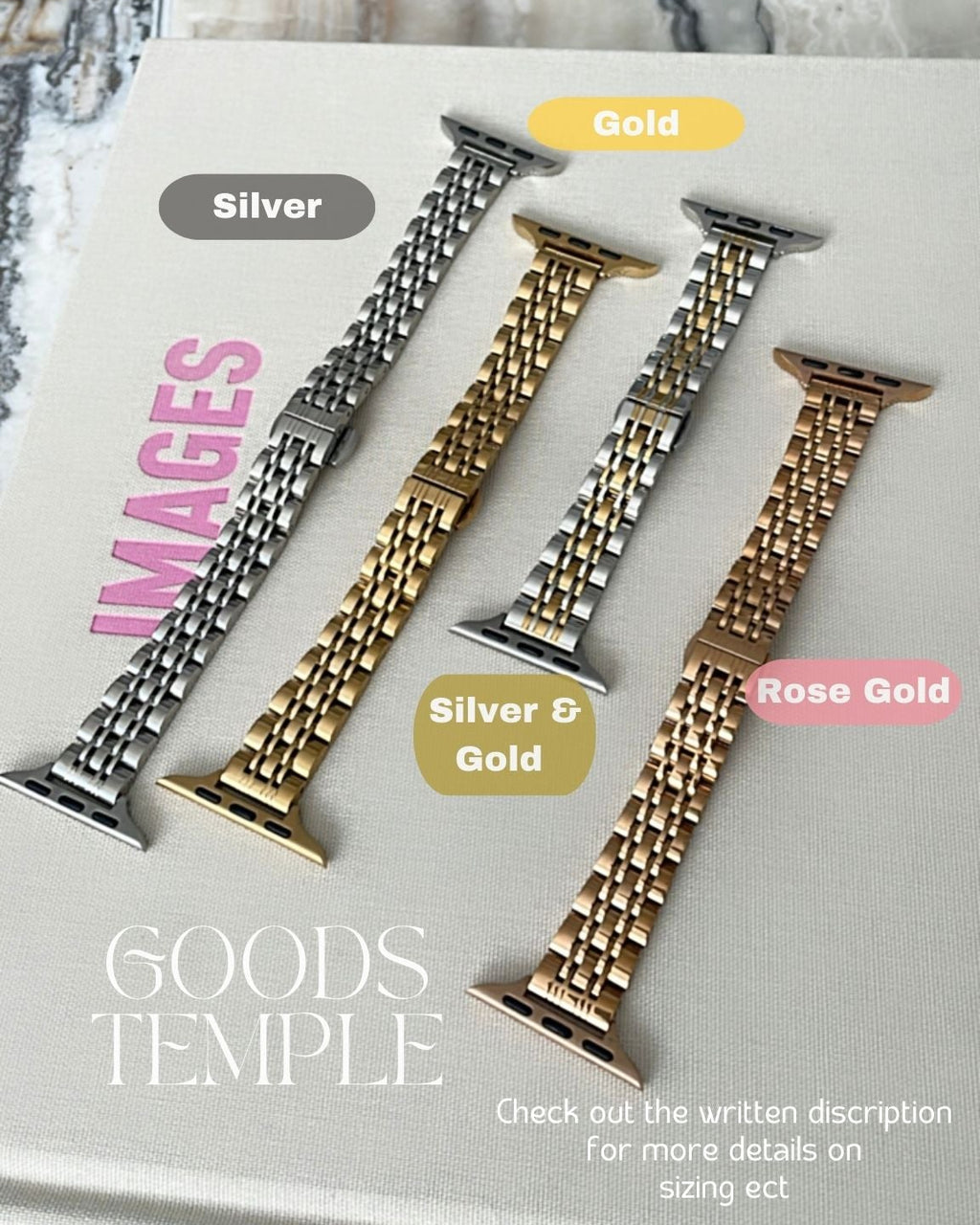 Three metallic watch bands in silver, gold, and rose gold on a marble surface.