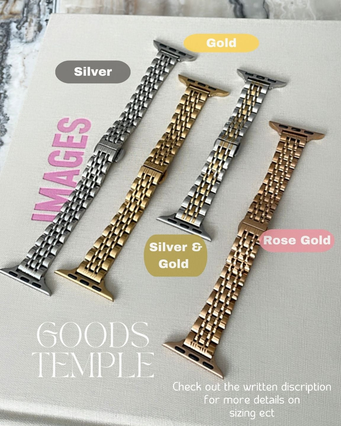 Three metallic watch bands in silver, gold, and rose gold on a marble surface.