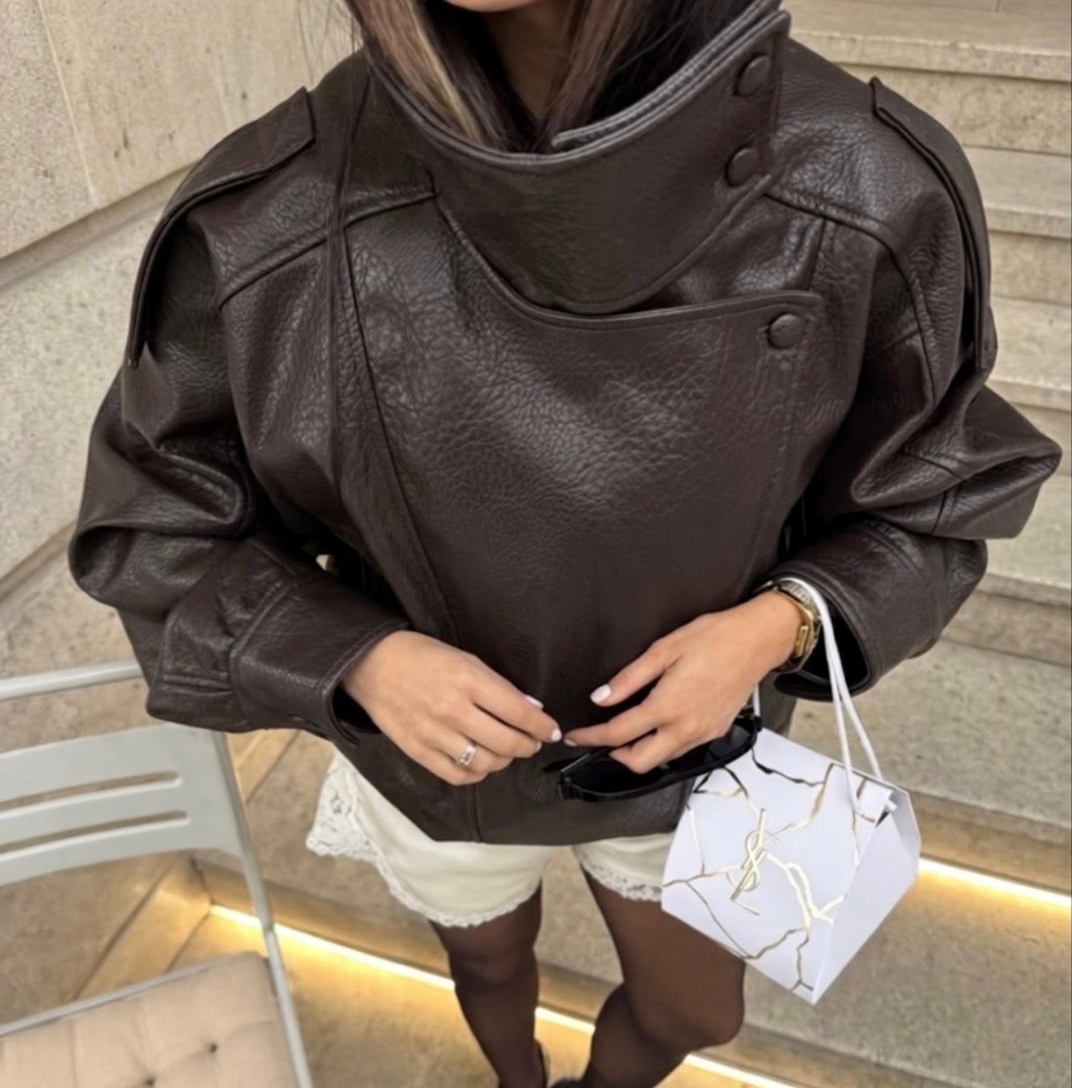 Monaco Oversized Brown Pu Leather Jacket