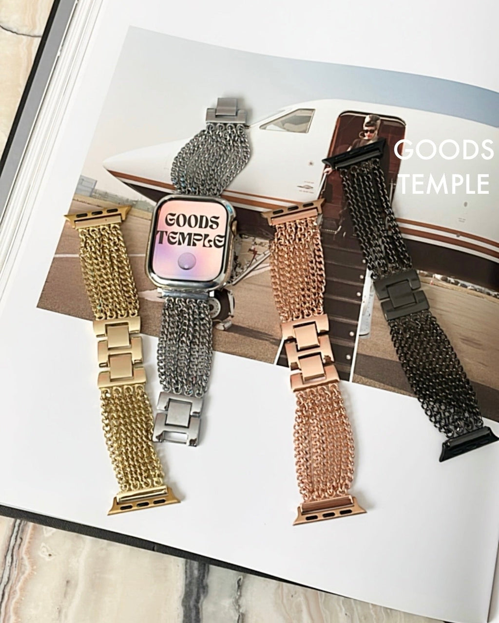 Four mesh watch straps in gold, silver, rose gold, and black on a magazine page with 'GOODS TEMPLE' branding.