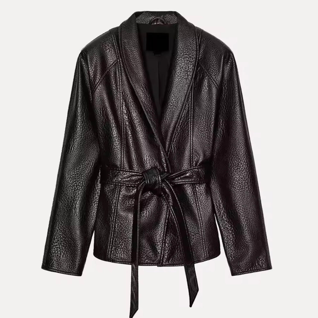 The Kensington Belted Faux Leather Jacket In Brown & Black