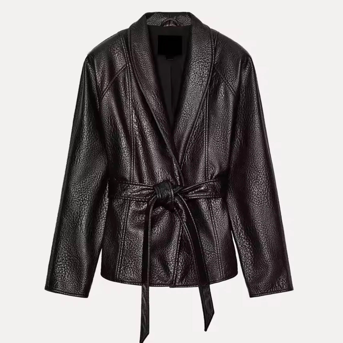 The Kensington Belted Faux Leather Jacket In Brown & Black