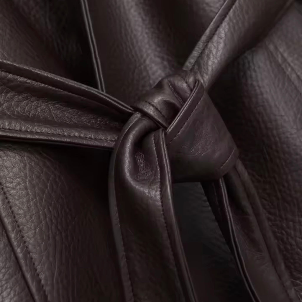 The Kensington Belted Faux Leather Jacket In Brown & Black