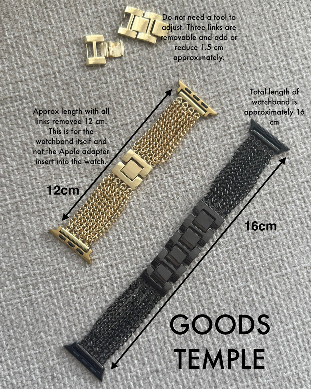 Two watch straps, one gold and one black, with measurements on a gray background. Brand 'GOODS TEMPLE' visible.