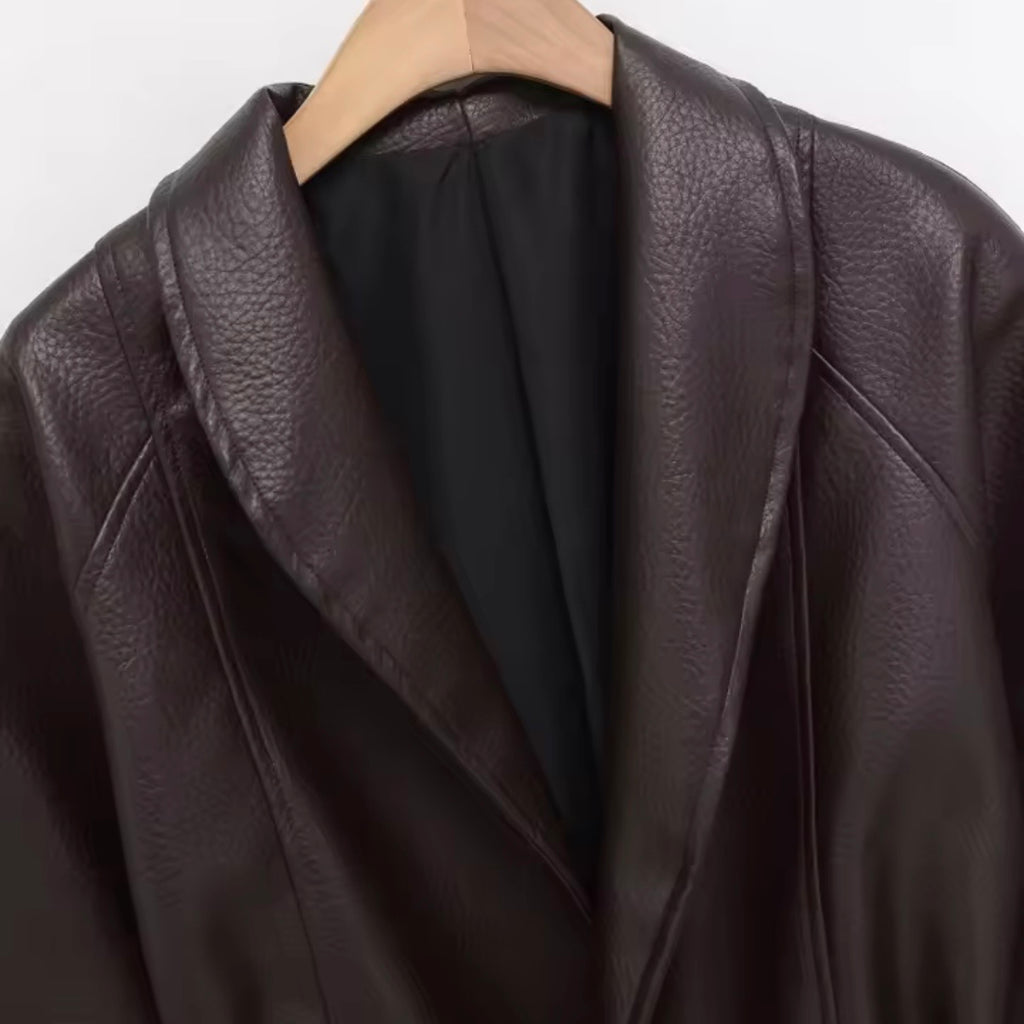 The Kensington Belted Faux Leather Jacket In Brown & Black