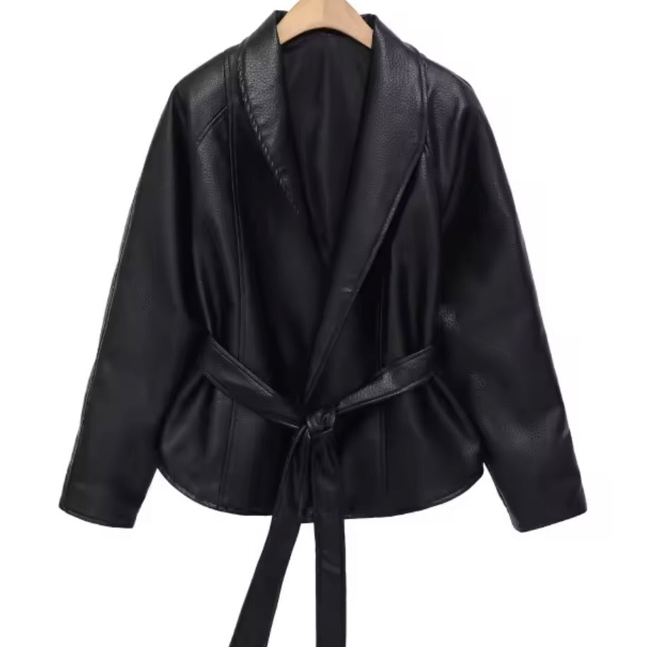 The Kensington Belted Faux Leather Jacket In Brown & Black