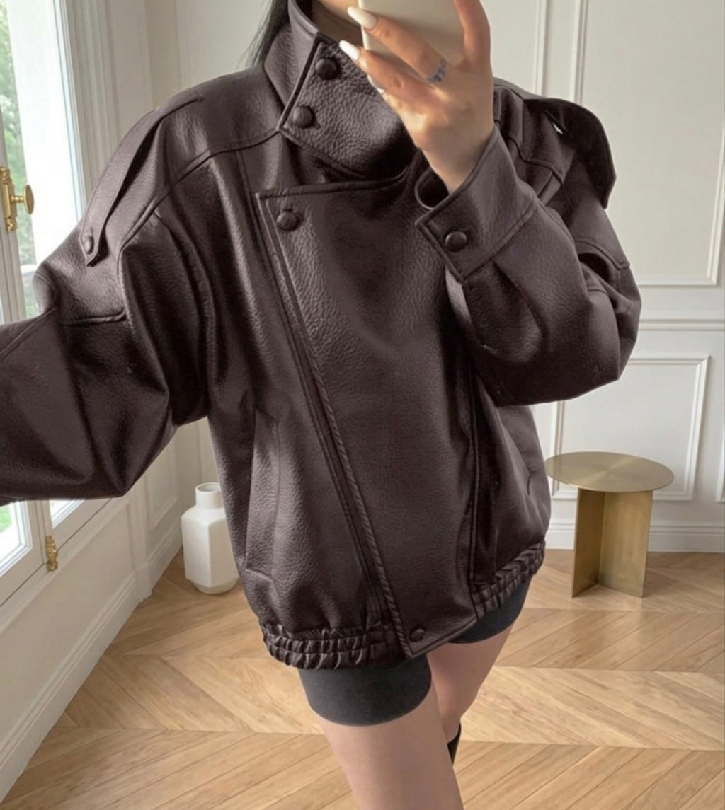 Monaco Oversized Brown Pu Leather Jacket
