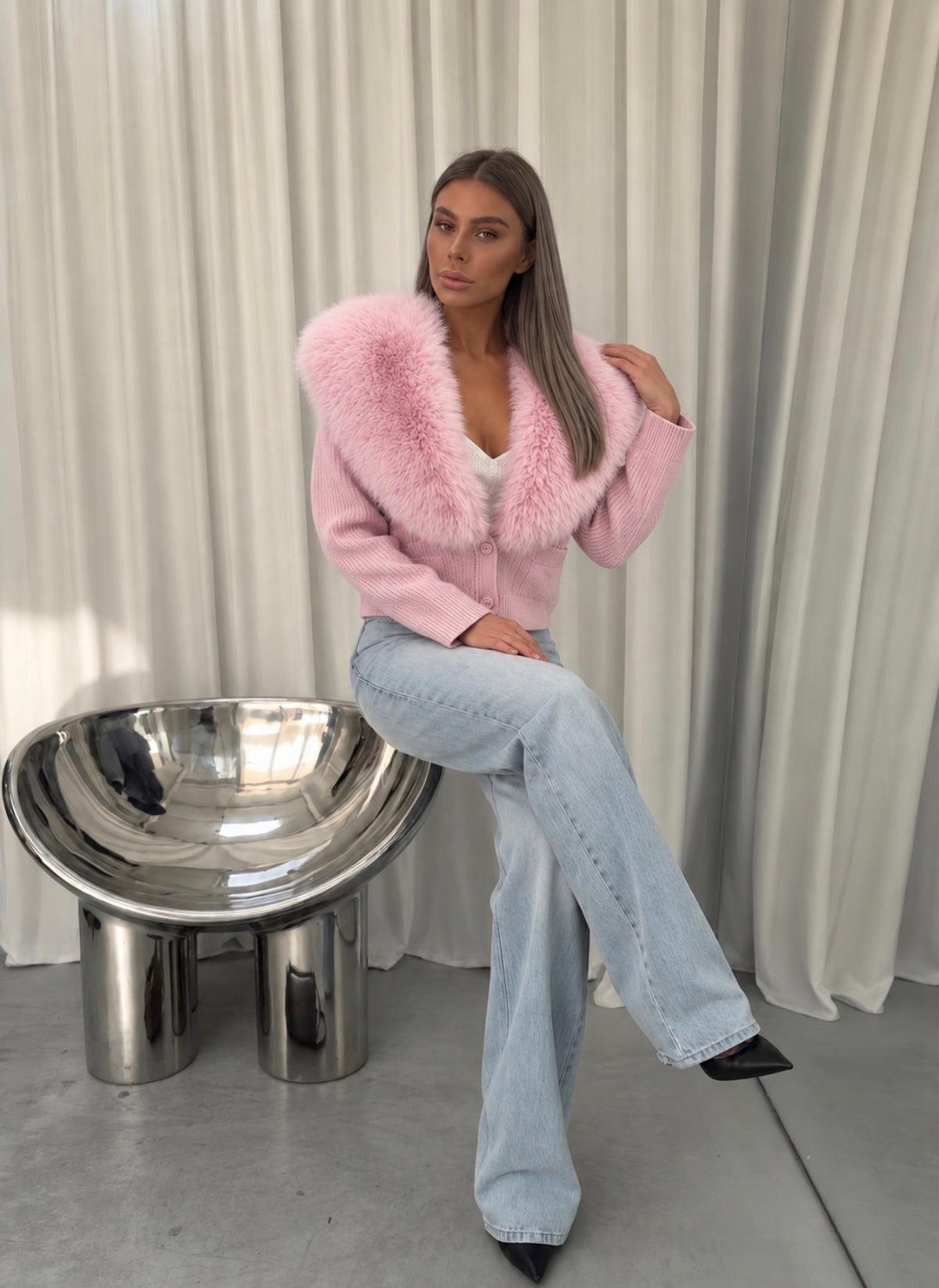 Faux Fur Collar Ribbed Knit Cardigan