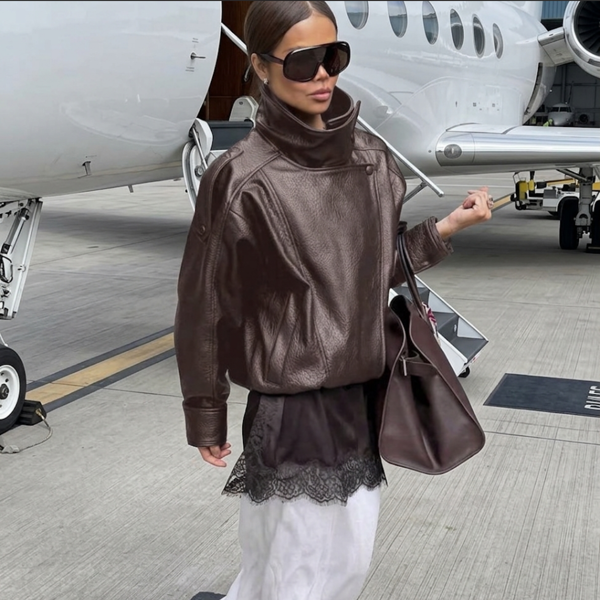 Monaco Oversized Brown Pu Leather Jacket