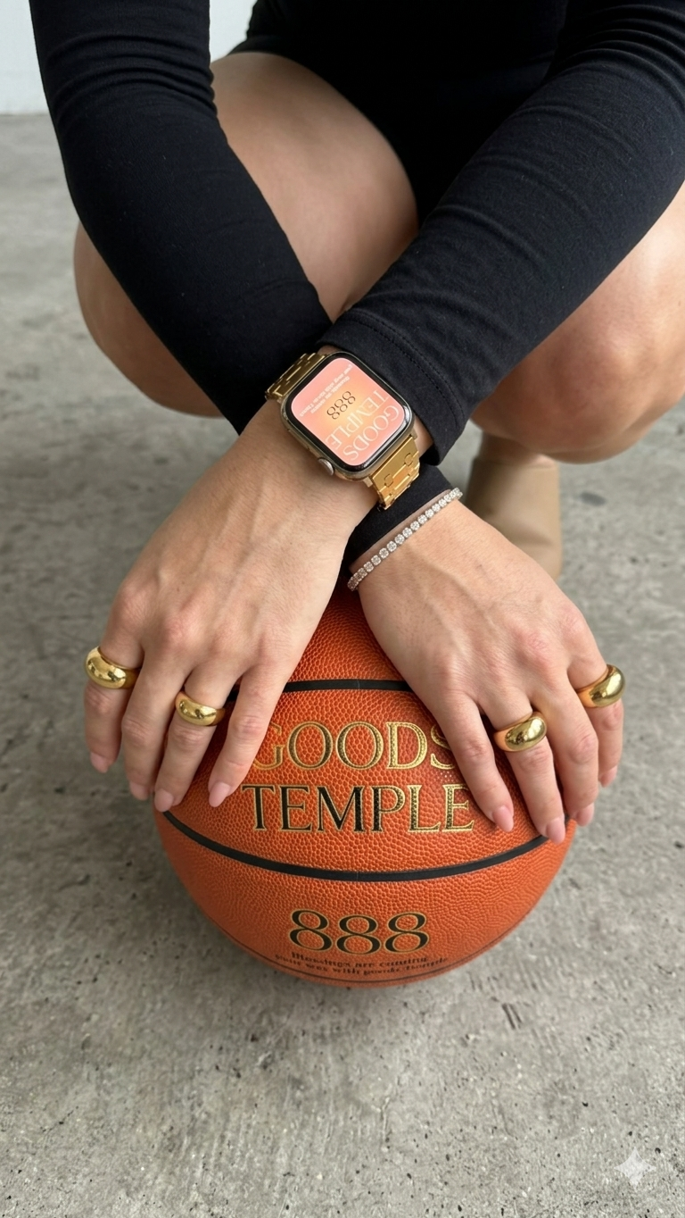Person holding a basketball with 'Good Temple' branding, wearing a smartwatch and gold rings.