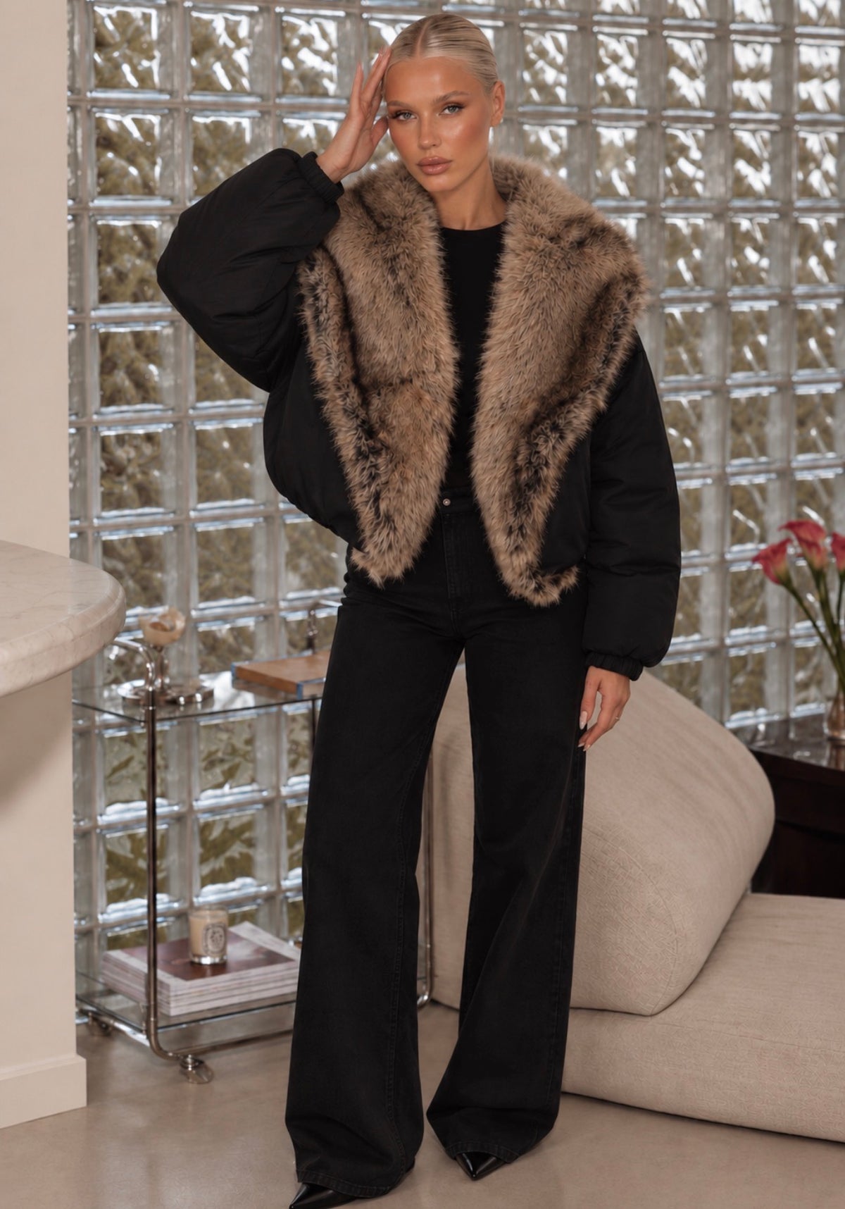 Arctic Luxe Faux Fur Collar Bomber Jacket