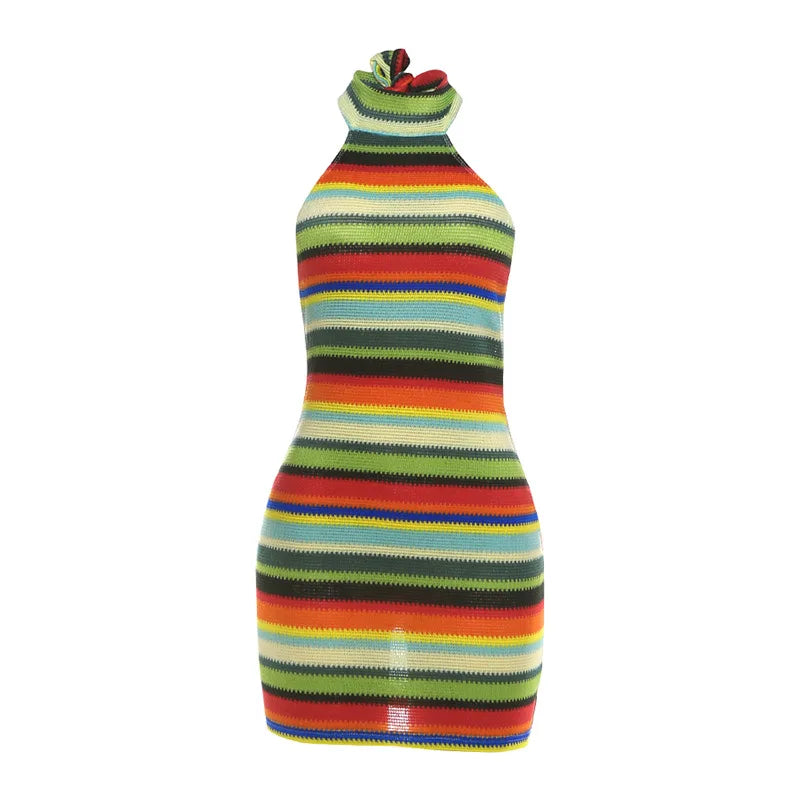 Riviera Striped Knit Halter Mini Dress – Backless Bodycon Dress
