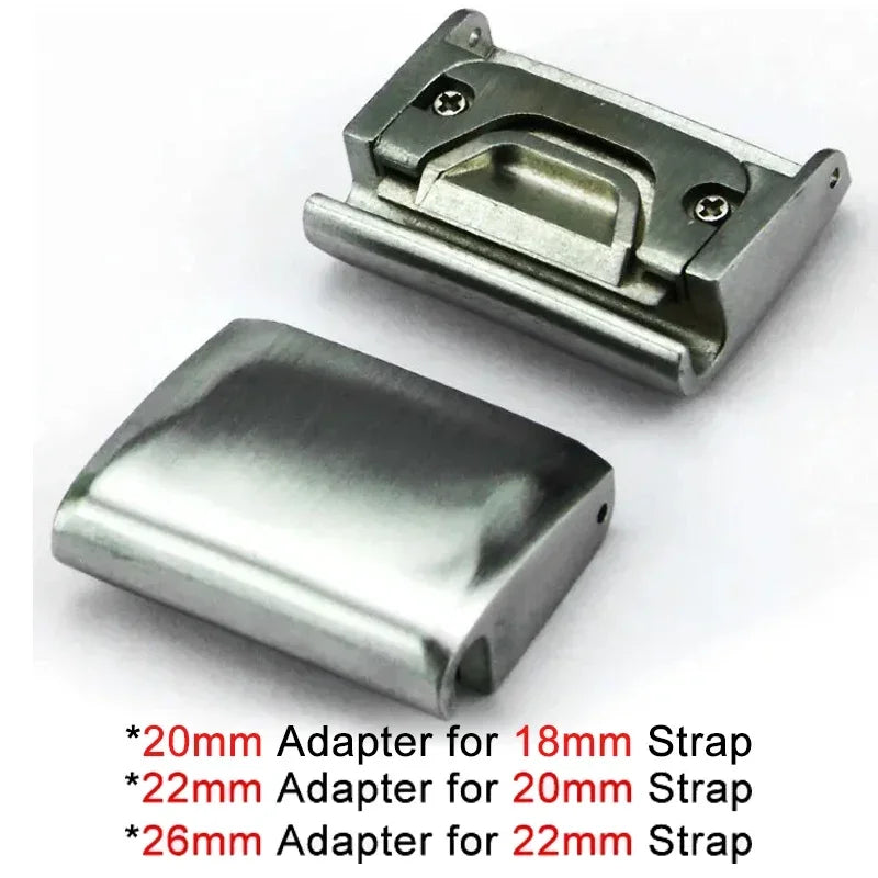 Metallic strap adapter on a white background with text indicating size compatibility.