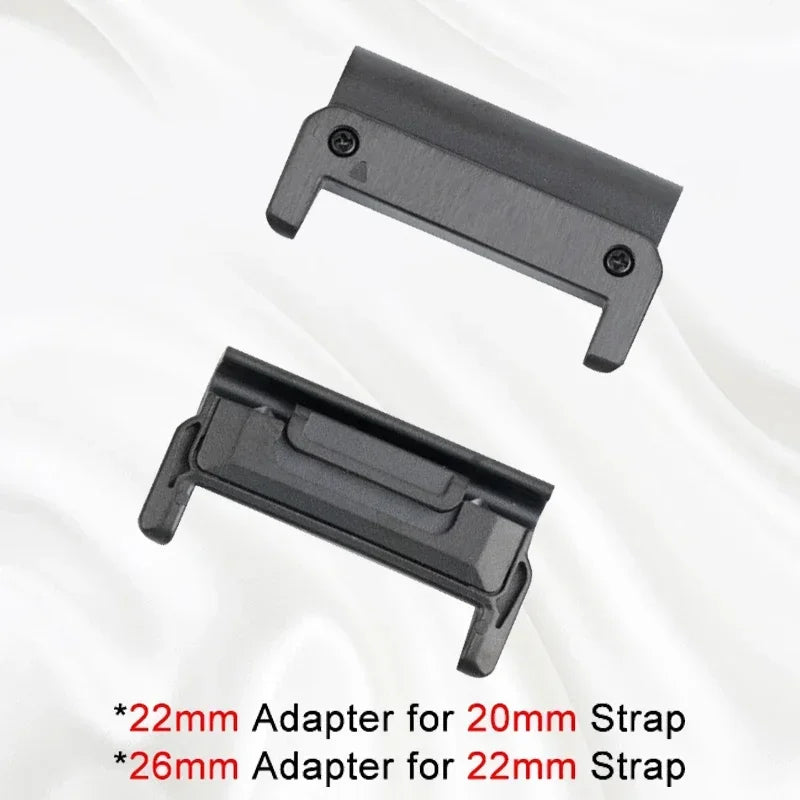 Two black strap adapters on a white background with text indicating size compatibility.