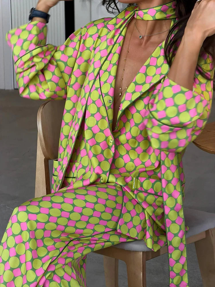 Palm Resort Geometric Print Two Piece Set – Oversized Shirt & Wide Leg Pants