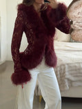 Lace Faux Fur Trim Fitted Top