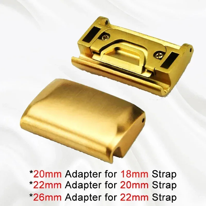 Gold belt buckles with size specifications on a white background