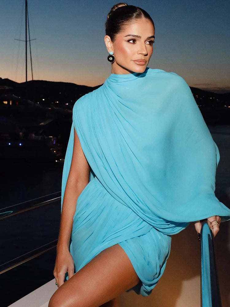 Azure Draped Mini Dress – Two Piece Bandeau & Asymmetric Overlay