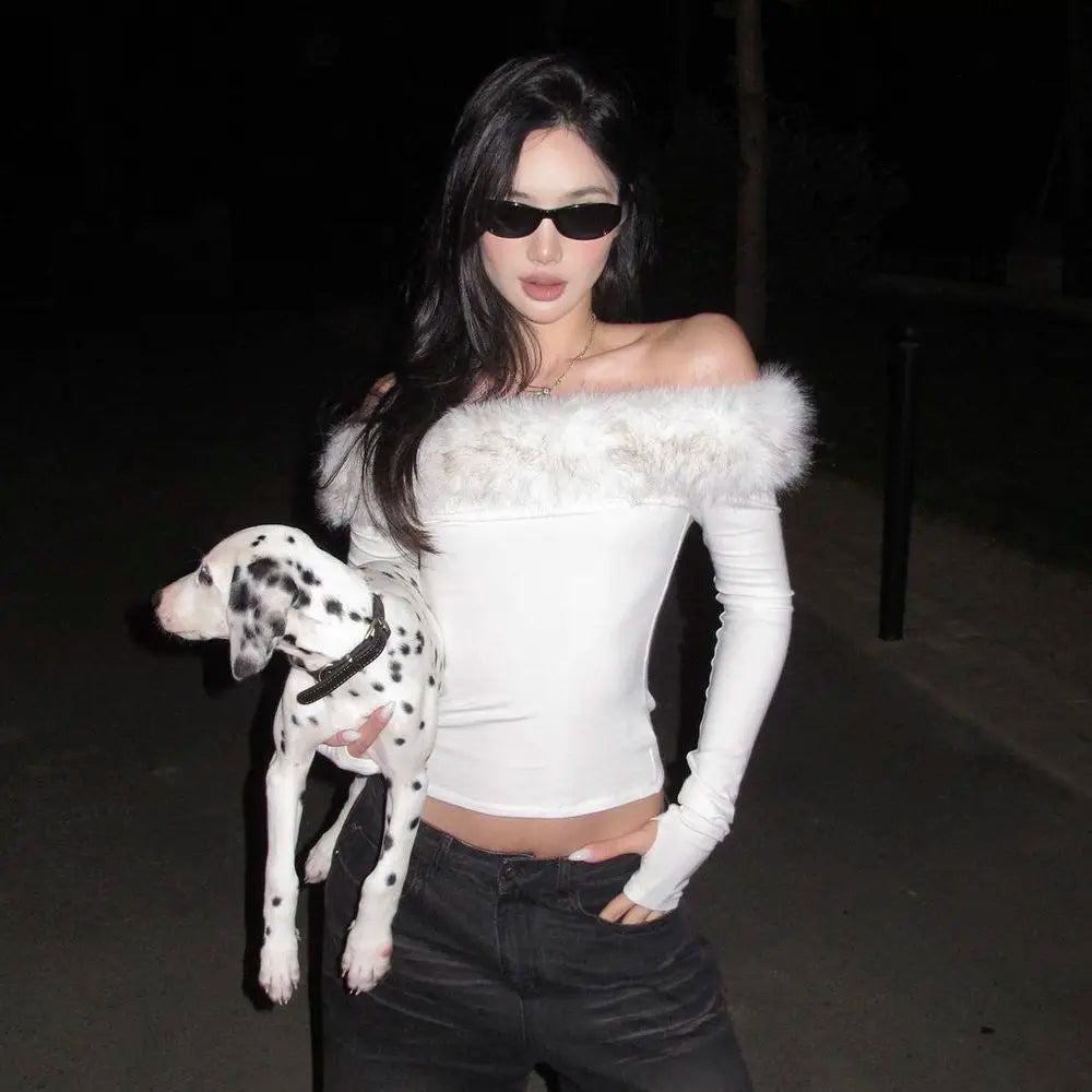 Faux Fur Trim Off-Shoulder Long Sleeve Top