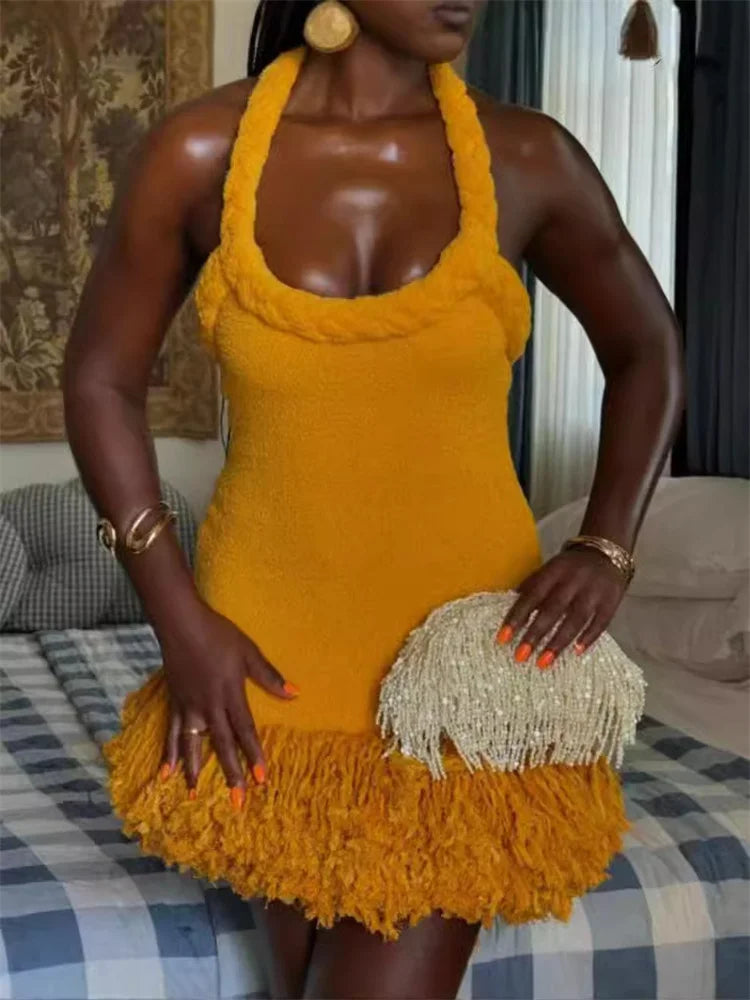 Golden Yellow Towelling Halter Mini Dress