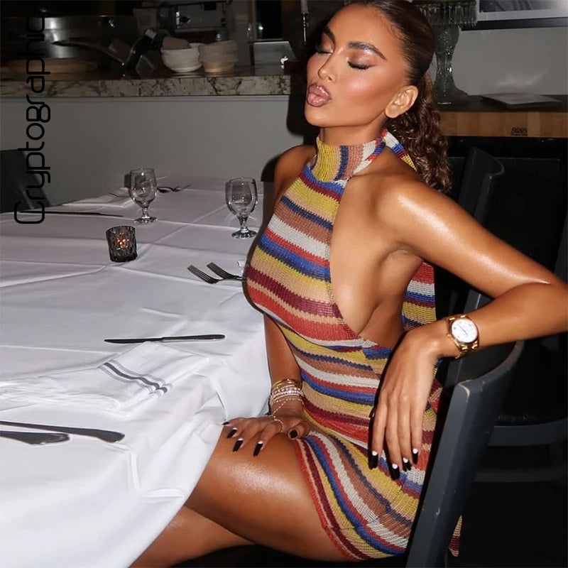 Riviera Striped Knit Halter Mini Dress – Backless Bodycon Dress