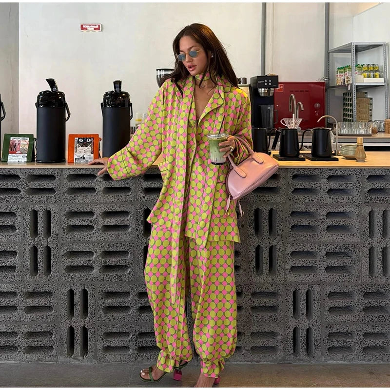 Palm Resort Geometric Print Two Piece Set – Oversized Shirt & Wide Leg Pants