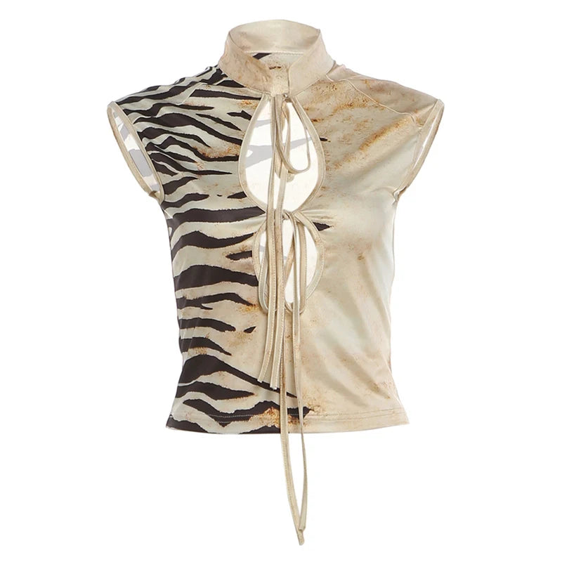 Y2K Zebra Print Cut-Out Top – Sleeveless Lace-Up High Neck