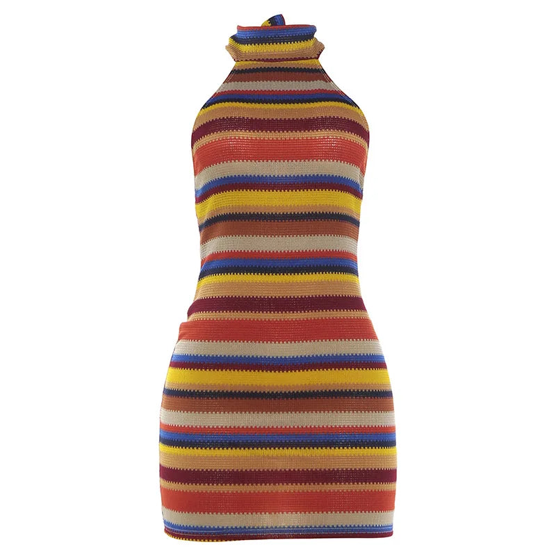 Riviera Striped Knit Halter Mini Dress – Backless Bodycon Dress