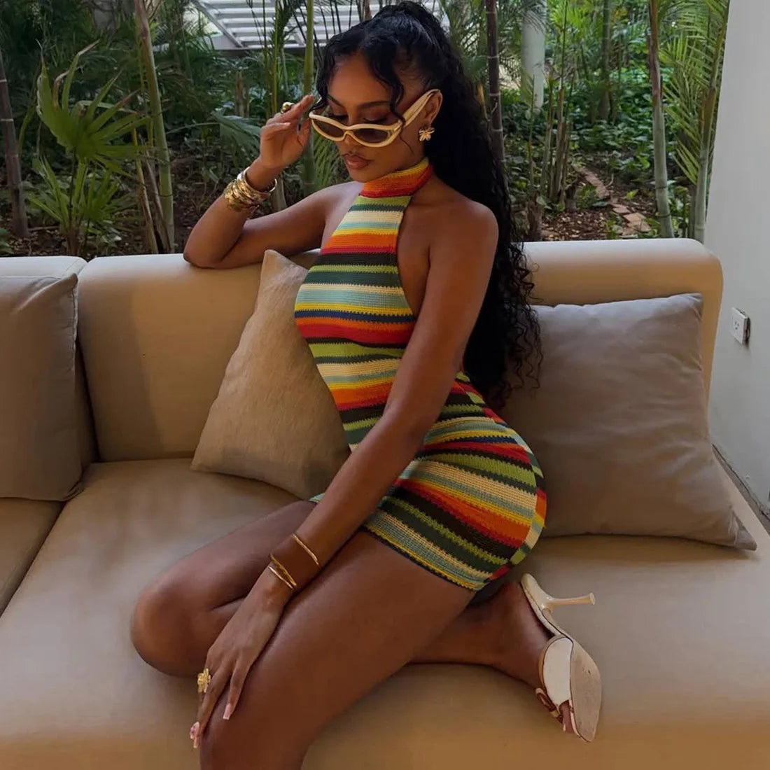 Riviera Striped Knit Halter Mini Dress – Backless Bodycon Dress