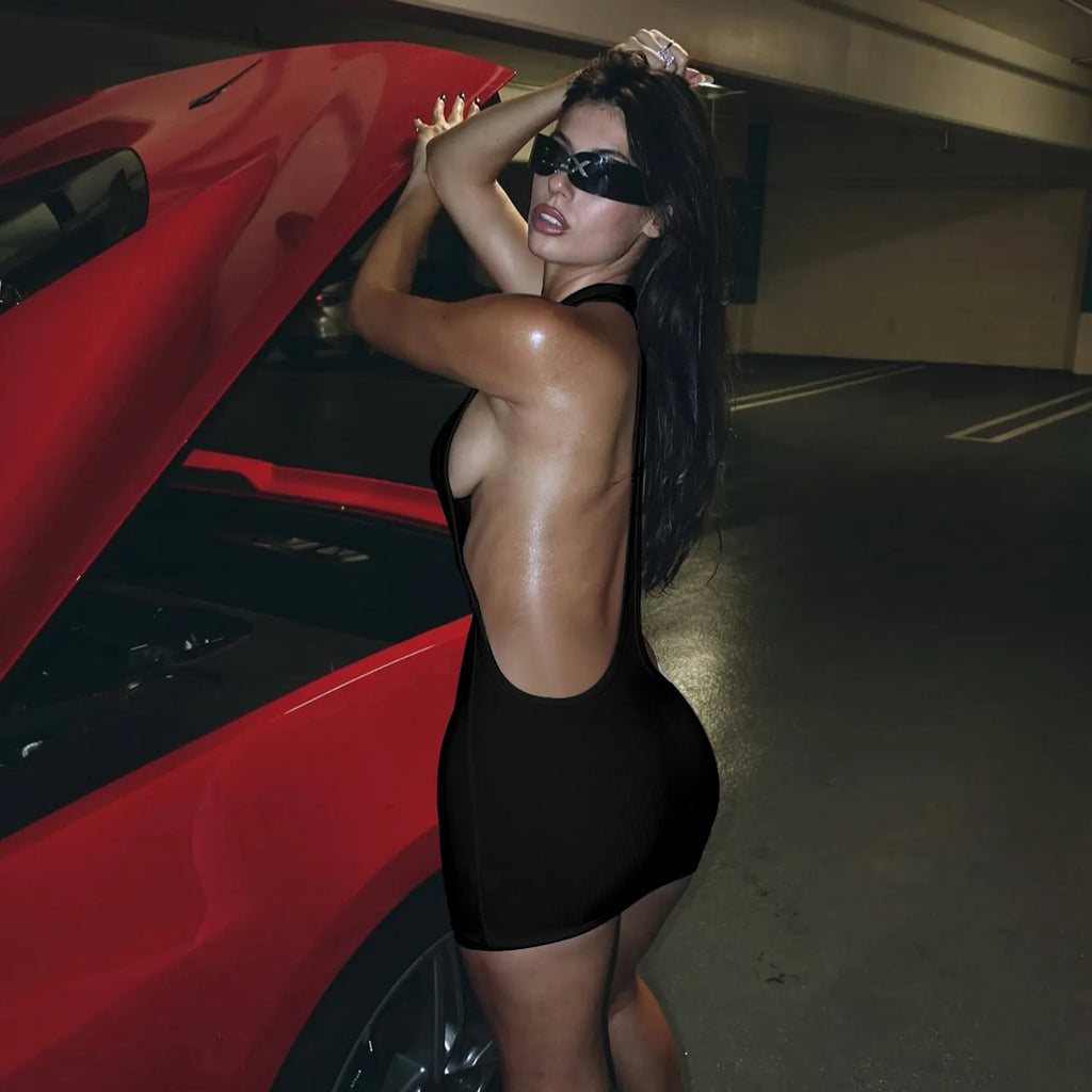 After Dark Black Backless Halter Mini Dress