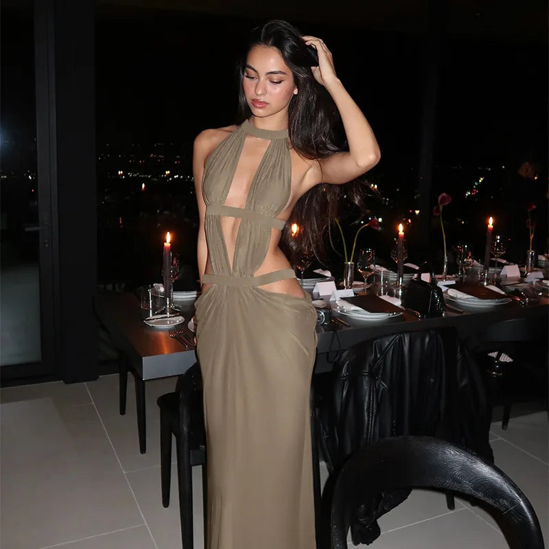 Sienna Cut-Out Halter Maxi Dress – Mocha