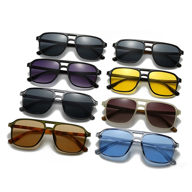 SO&EI Retro Double Bridges Quadratische Herren-Nieten-Sonnenbrille Fashion Damen Gelb-Blau UV400 Sonnenbrille
