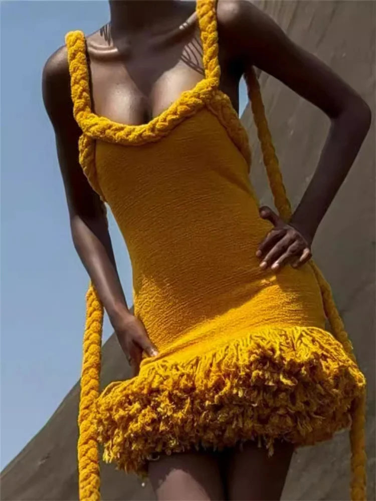 Golden Yellow Towelling Halter Mini Dress