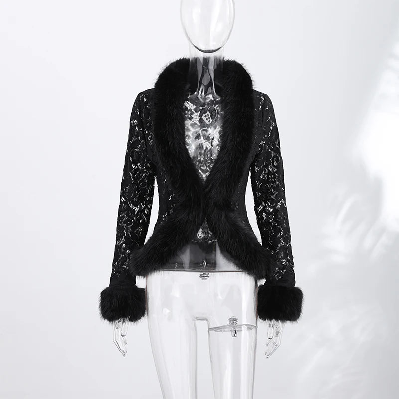Lace Faux Fur Trim Fitted Top
