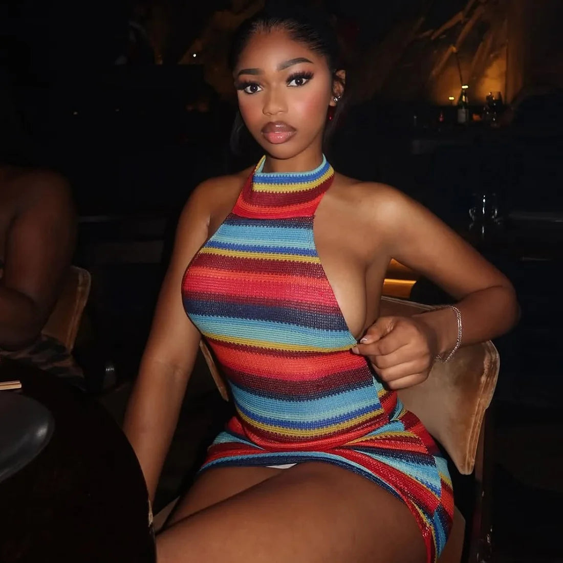 Riviera Striped Knit Halter Mini Dress – Backless Bodycon Dress