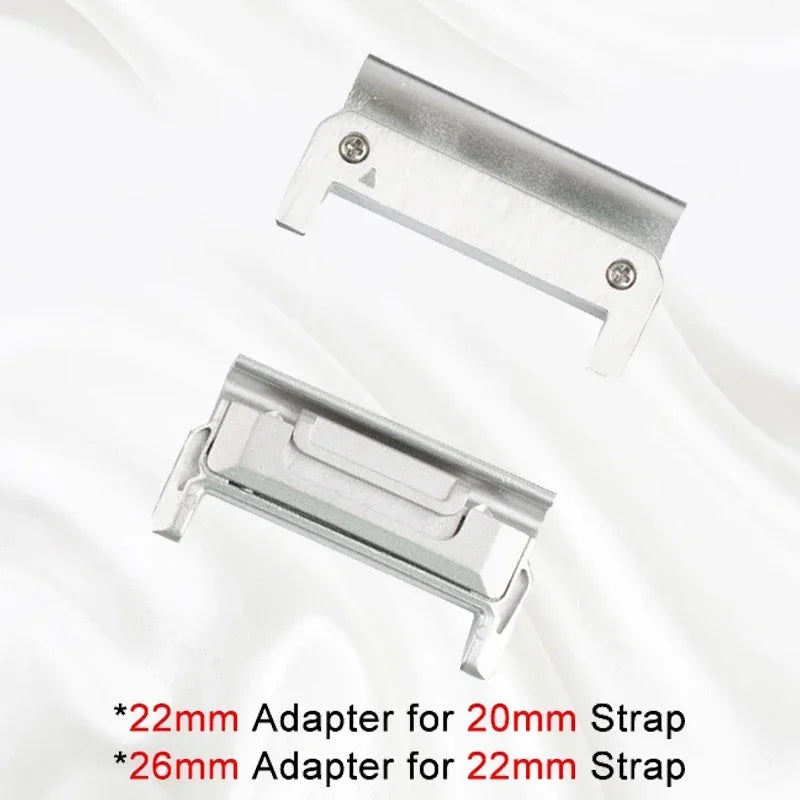 Metallic strap adapter with text indicating compatibility for 20mm and 22mm straps on a white background.