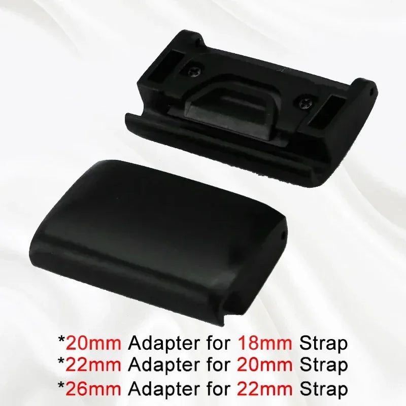 Black strap adapter with size specifications on a white background