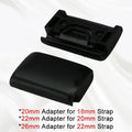 Black strap adapter with size specifications on a white background