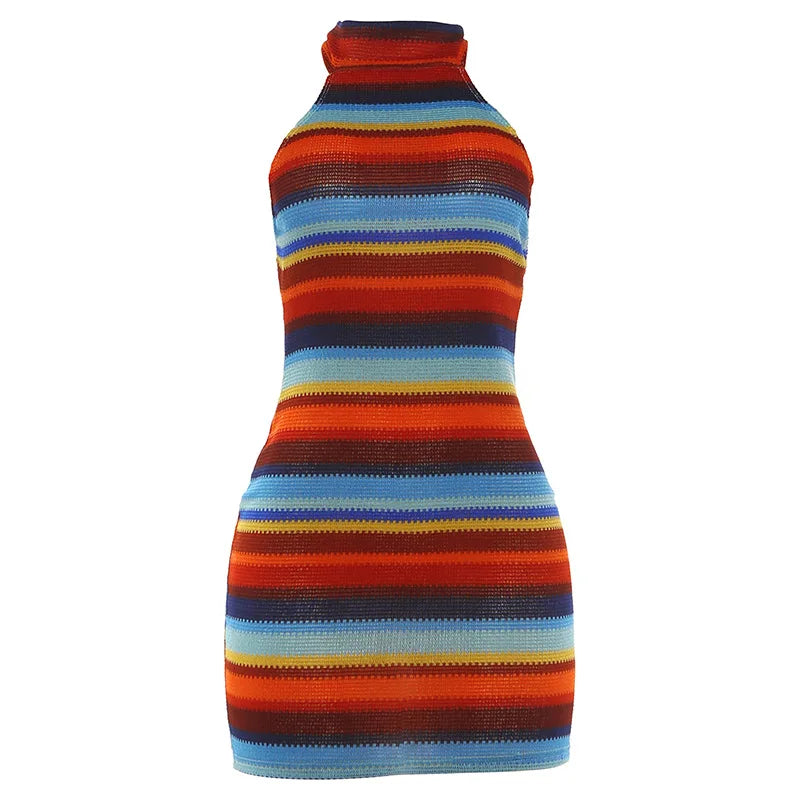 Riviera Striped Knit Halter Mini Dress – Backless Bodycon Dress