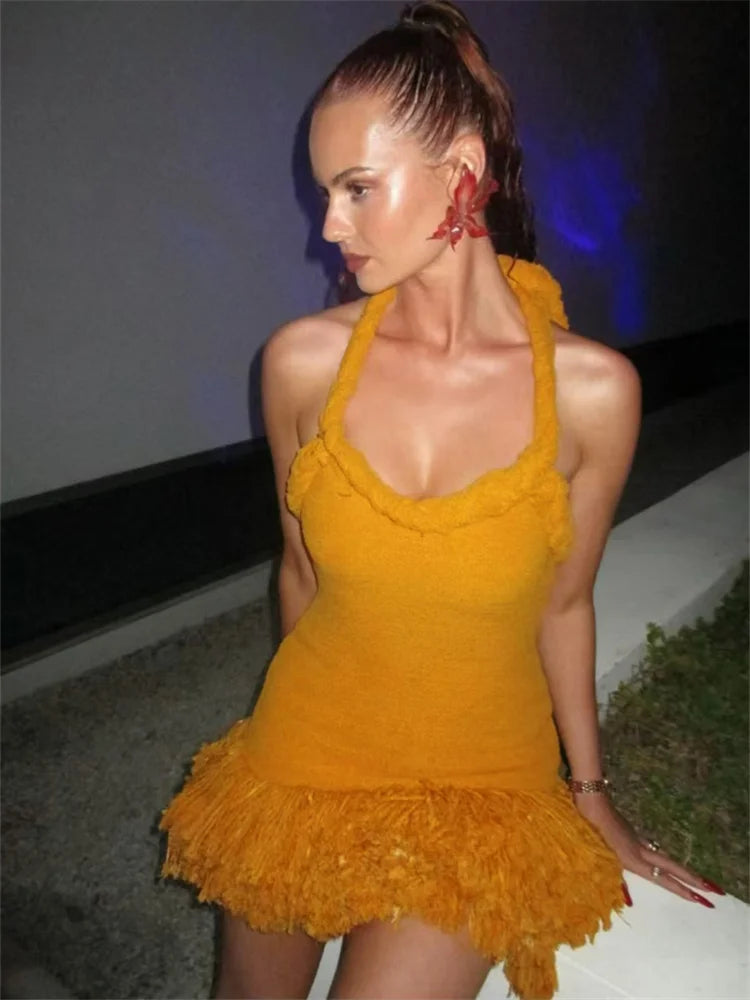 Golden Yellow Towelling Halter Mini Dress