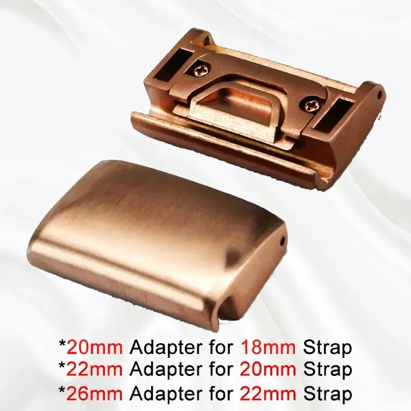 Bronze-colored strap adapter on a white background with text indicating size compatibility.