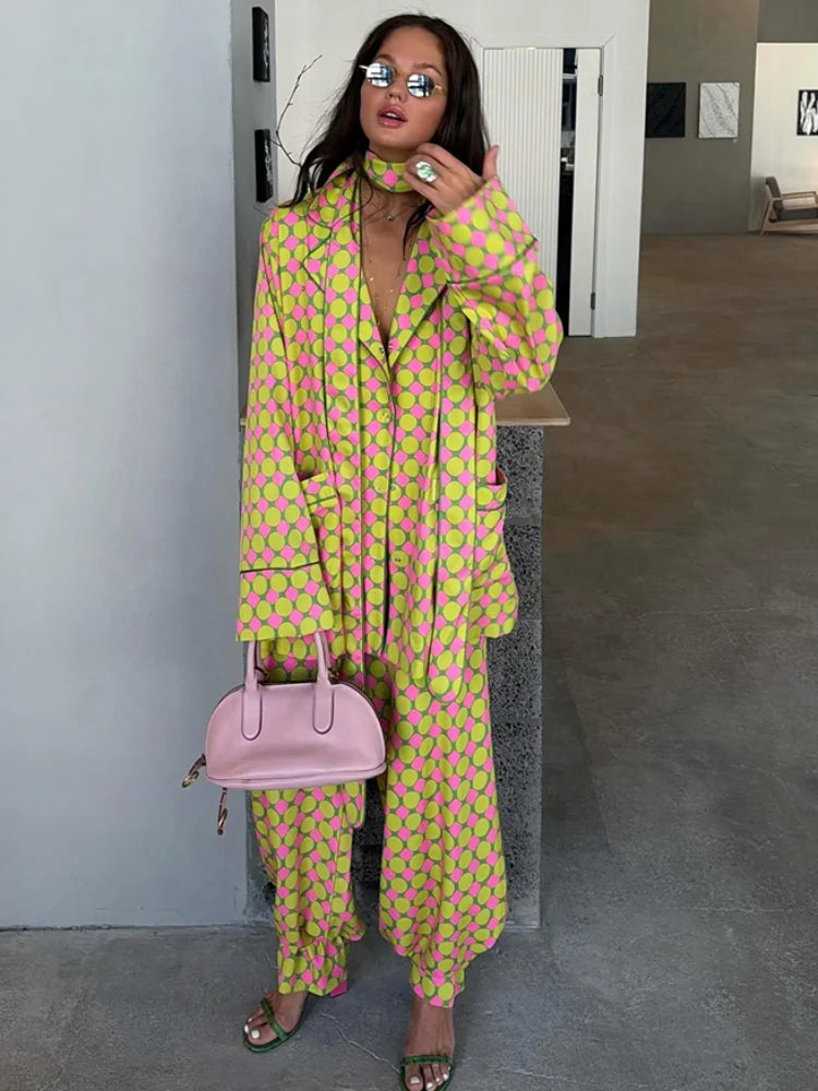 Palm Resort Geometric Print Two Piece Set – Oversized Shirt & Wide Leg Pants