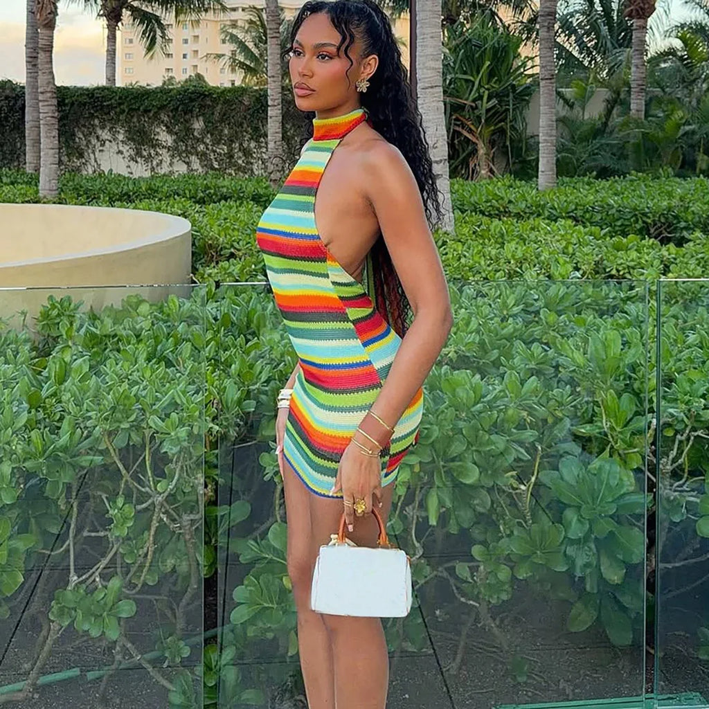 Riviera Striped Knit Halter Mini Dress – Backless Bodycon Dress