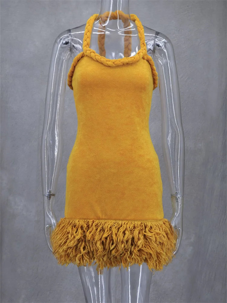 Golden Yellow Towelling Halter Mini Dress